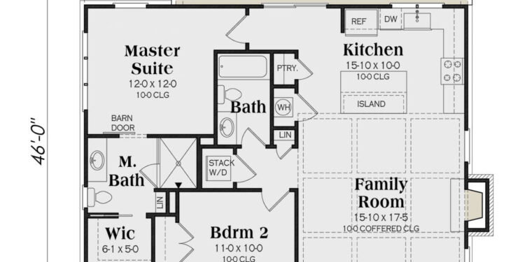 996 Sq. Ft. Modern Farmhouse Plan with 2 Bedrooms and Open Living
