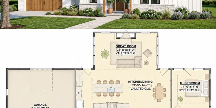 1962 Sq. Ft. Modern Farmhouse Plan with 2–3 Bedrooms, 2 Bathrooms, Flex Room, and 2-Car Garage