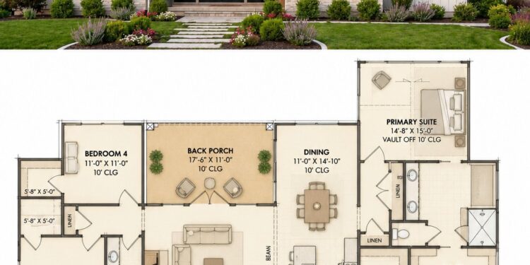 2423 Sq. Ft. Modern Transitional Plan with 4 Bedrooms, 3 Bathrooms, Bonus Room, and 2–3 Car Garage