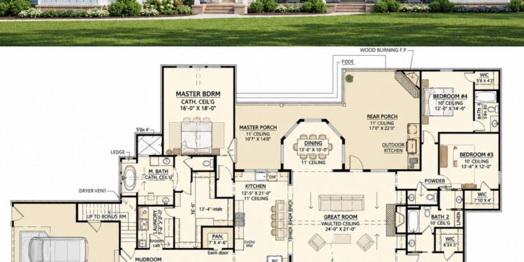 3095 Sq. Ft. Modern Farmhouse Plan with 4–5 Bedrooms, 4 Bathrooms, Flex Room, and 3-Car Garage