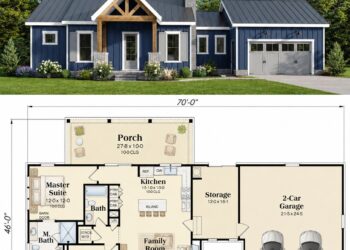 996 Sq. Ft. Modern Farmhouse Plan with 2 Bedrooms, 2 Bathrooms, Front and Rear Porches, and 2-Car Garage