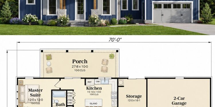 996 Sq. Ft. Modern Farmhouse Plan with 2 Bedrooms, 2 Bathrooms, Front and Rear Porches, and 2-Car Garage