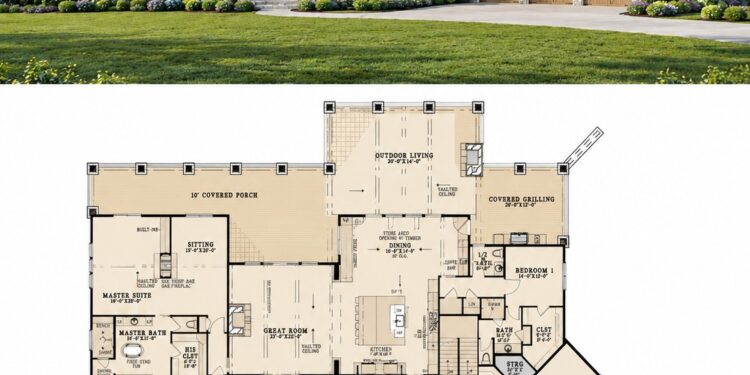 6762 Sq. Ft. Craftsman Estate Plan with 4 Bedrooms, 5.5 Bathrooms, Finished Basement, and 6-Car Garage