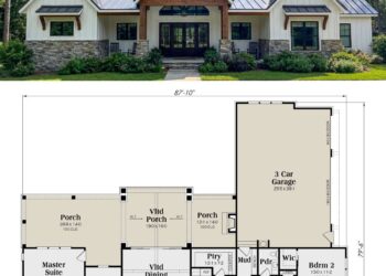 2827 Sq. Ft. Modern Transitional Plan with 4 Bedrooms, 3.5 Bathrooms, Office, and 3-Car Garage