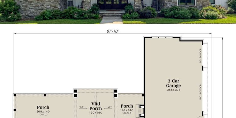 2827 Sq. Ft. Modern Transitional Plan with 4 Bedrooms, 3.5 Bathrooms, Office, and 3-Car Garage