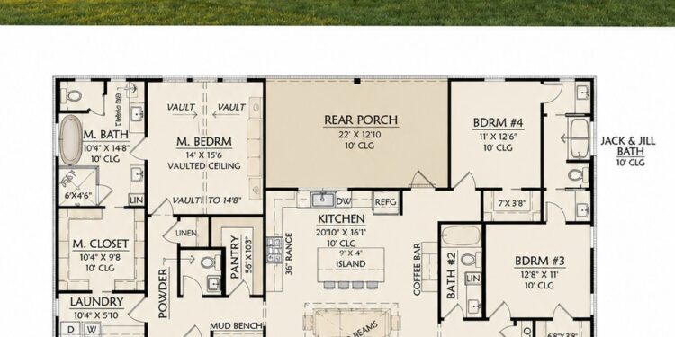 2306 Sq. Ft. Modern Farmhouse Plan with 4 Bedrooms, 3.5 Bathrooms, Office, and 2-Car Garage