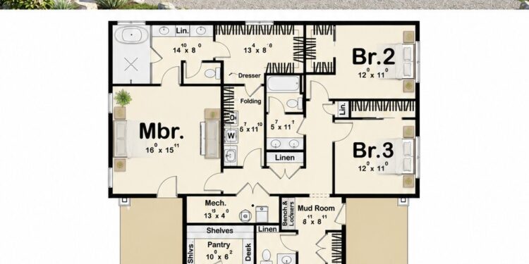 2205 Sq. Ft. Barndominium Plan with 3 Bedrooms, 2.5 Bathrooms, Open Living, and Expansive Porch Space