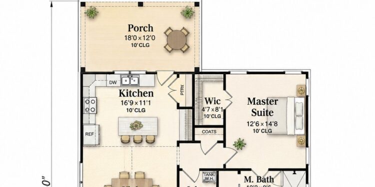 1263 Sq. Ft. Modern Farmhouse Plan with 2 Bedrooms, 2 Bathrooms, Vaulted Living Area, and Wraparound Porch
