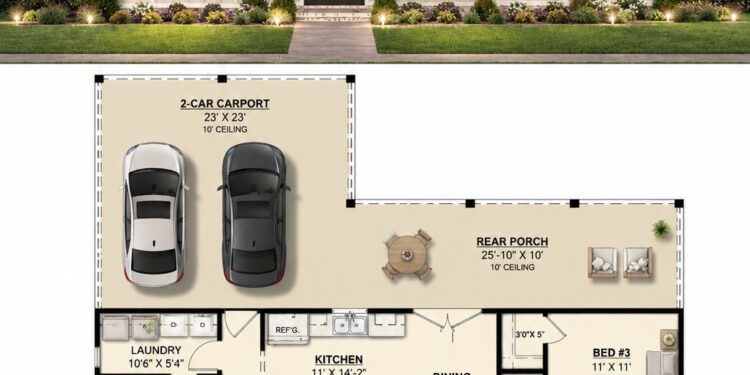 1550 Sq. Ft. Modern Farmhouse Plan with 3 Bedrooms, 2 Bathrooms, Kitchen Island, and 2-Car Garage