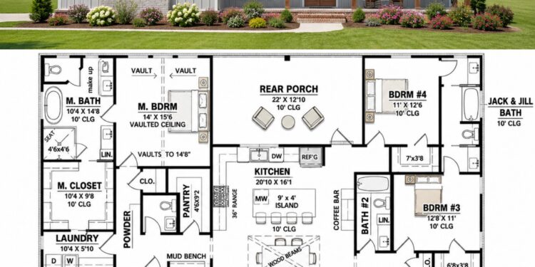 2306 Sq. Ft. Modern Farmhouse Plan with 4 Bedrooms, 3.5 Bathrooms, Split Layout, and 2-Car Garage