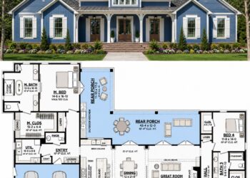 3076 Sq. Ft. Modern Farmhouse Plan with 4 Bedrooms, 3.5 Bathrooms, Home Office, and Wraparound Porch