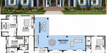3076 Sq. Ft. Modern Farmhouse Plan with 4 Bedrooms, 3.5 Bathrooms, Home Office, and Wraparound Porch