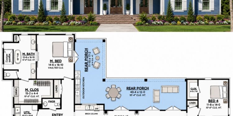 3076 Sq. Ft. Modern Farmhouse Plan with 4 Bedrooms, 3.5 Bathrooms, Home Office, and Wraparound Porch