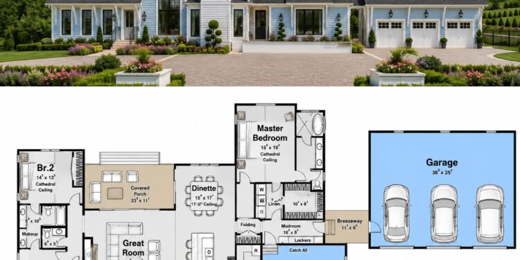 3500 Sq. Ft. Modern Transitional Plan with 3-5 Bedrooms, 2.5 Bathrooms, Bonus Room, Home Office, and 3-Car Garage