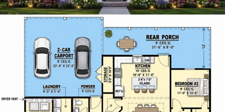 1650 Sq. Ft. Modern Farmhouse Plan with 3 Bedrooms, 2.5 Bathrooms, Open Living Area, and 2-Car Garage