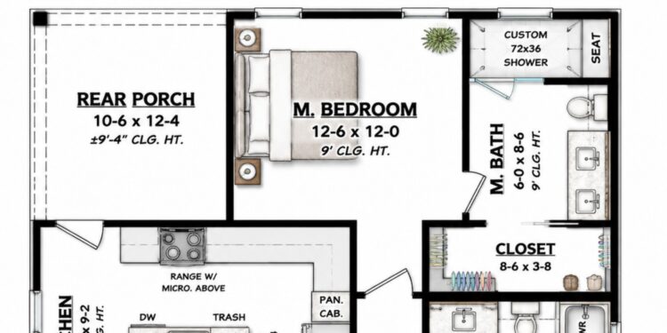 981 Sq. Ft. Modern Farmhouse Plan with 2 Bedrooms, 2 Bathrooms, Open Floor Plan, and Covered Porches