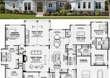 2974 Sq. Ft. Modern Farmhouse Plan with 3 Bedrooms, 3.5 Bathrooms, Home Office, Outdoor Living, and 3-Car Garage