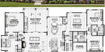 2974 Sq. Ft. Modern Farmhouse Plan with 3 Bedrooms, 3.5 Bathrooms, Home Office, Outdoor Living, and 3-Car Garage