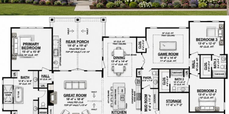 2974 Sq. Ft. Modern Farmhouse Plan with 3 Bedrooms, 3.5 Bathrooms, Home Office, Outdoor Living, and 3-Car Garage