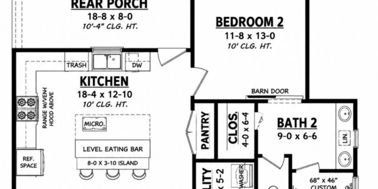 1257 Sq. Ft. Modern Farmhouse Plan with 2 Bedrooms, 2 Bathrooms, Open Living Area, and Covered Porches