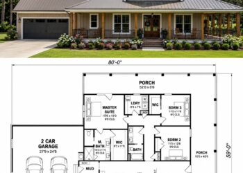 1794 Sq. Ft. Modern Farmhouse Plan with 3 Bedrooms, 2 Bathrooms, Wraparound Porches, and 2-3 Car Garage