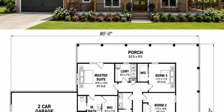 1794 Sq. Ft. Modern Farmhouse Plan with 3 Bedrooms, 2 Bathrooms, Wraparound Porches, and 2-3 Car Garage