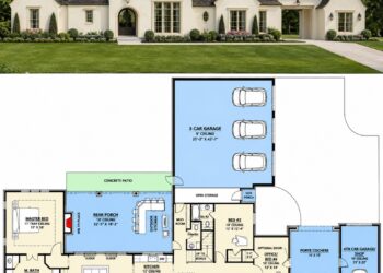 3340 Sq. Ft. Modern French Country House Plan with Porte Cochere, 3-4 Bedrooms, 4.5 Bathrooms, Bonus Room, and 4-Car Garage