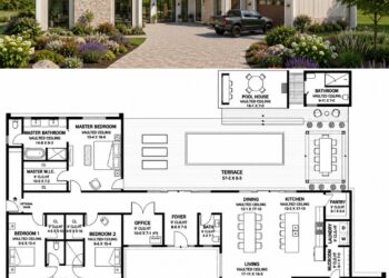 5917 Sq. Ft. Exclusive Modern Home Plan with 5 Bedrooms, Two Kitchens, Pool House, and 5-Car Garage