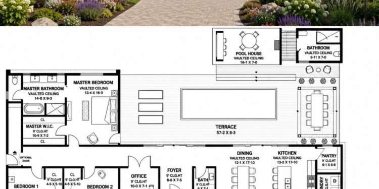 5917 Sq. Ft. Exclusive Modern Home Plan with 5 Bedrooms, Two Kitchens, Pool House, and 5-Car Garage