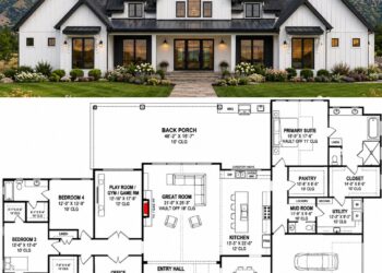 3652 Sq. Ft. Rustic Modern Farmhouse Plan with 4 Bedrooms, 4.5 Bathrooms, Game Room, Home Office, and 3-Car Garage