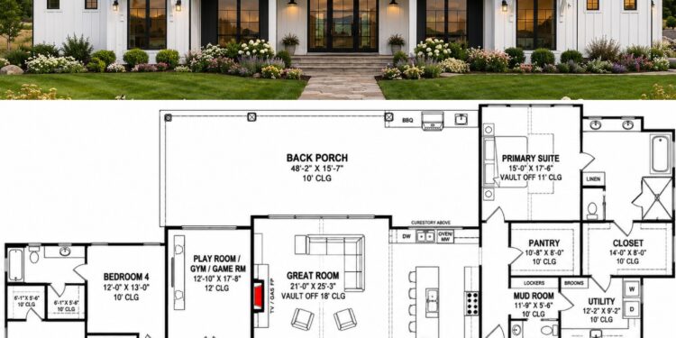 3652 Sq. Ft. Rustic Modern Farmhouse Plan with 4 Bedrooms, 4.5 Bathrooms, Game Room, Home Office, and 3-Car Garage