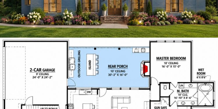 2666 Sq. Ft. French Country House Plan with 4 Bedrooms, 3 Bathrooms, Bonus Room, Outdoor Kitchen, and 2-Car Garage