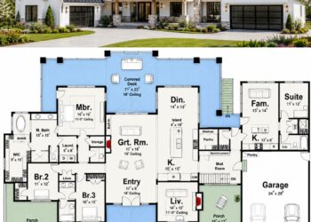 3200 Sq. Ft. Multi-Generational One-Story Lake House Plan with 4 Bedrooms, In-Law Suite, Second Kitchen, and Dual Garages
