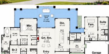 3200 Sq. Ft. Multi-Generational One-Story Lake House Plan with 4 Bedrooms, In-Law Suite, Second Kitchen, and Dual Garages