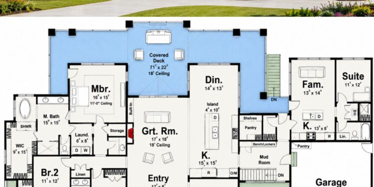 3200 Sq. Ft. Multi-Generational One-Story Lake House Plan with 4 Bedrooms, In-Law Suite, Second Kitchen, and Dual Garages