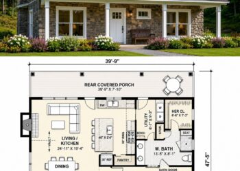 1275 Sq. Ft. Country Plan with 2 Bedrooms, 2 Bathrooms, Open Living Area, and Covered Porch