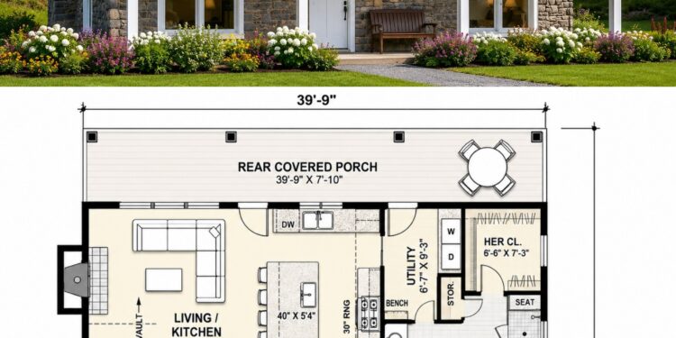 1275 Sq. Ft. Country Plan with 2 Bedrooms, 2 Bathrooms, Open Living Area, and Covered Porch