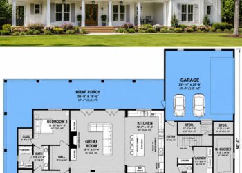 2395 Sq. Ft. Modern Farmhouse Plan with 3 Bedrooms, 2.5 Bathrooms, Bonus Room, Wraparound Porch, and 2-Car Garage