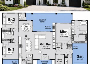 2073 Sq. Ft. Mediterranean Plan with 3 Bedrooms, 2.5 Bathrooms, Home Office, Outdoor Kitchen, and 3-Car Garage