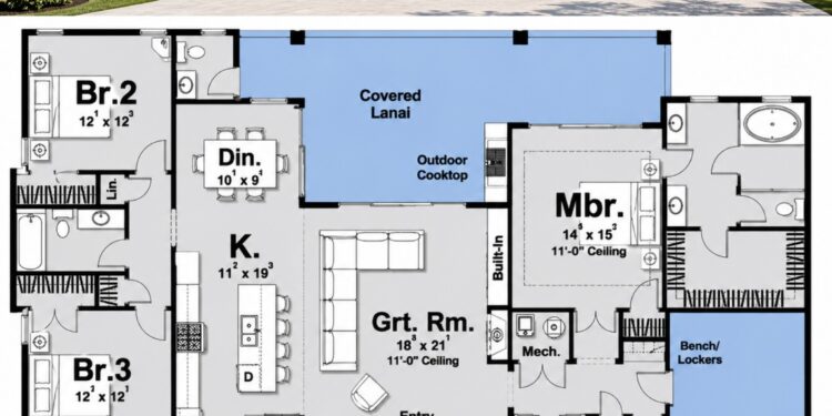 2073 Sq. Ft. Mediterranean Plan with 3 Bedrooms, 2.5 Bathrooms, Home Office, Outdoor Kitchen, and 3-Car Garage