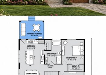 1288 Sq. Ft. Country Plan with 2 Bedrooms, 1 Bathroom, Covered Porch, and 1-Car Garage