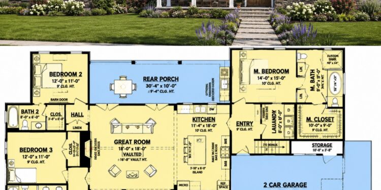 2385 Sq. Ft. Modern Farmhouse Plan with 4 Bedrooms, 3.5 Bathrooms, Study, Bonus Room, and 2-3 Car Garage