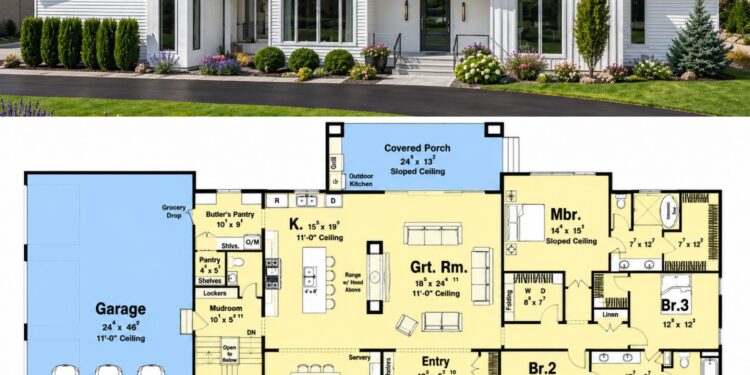 2642 Sq. Ft. Contemporary Plan with 3-5 Bedrooms, 2.5 Bathrooms, Flex Rooms, and 4-Car Garage