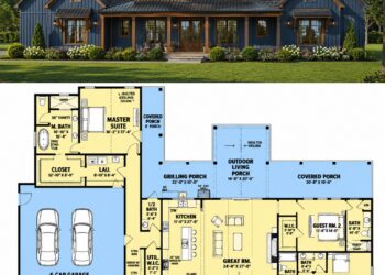 3630 Sq. Ft. Modern Farmhouse Plan with 4 Bedrooms, 4.5 Bathrooms, Home Office, and 4-Car Garage