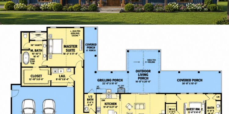 3630 Sq. Ft. Modern Farmhouse Plan with 4 Bedrooms, 4.5 Bathrooms, Home Office, and 4-Car Garage