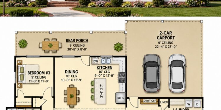 1676 Sq. Ft. Modern Farmhouse Plan with 3 Bedrooms, 2 Bathrooms, Split Layout, and 2-Car Garage