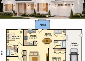 1150 Sq. Ft. Country Plan with 3 Bedrooms, 2 Bathrooms, Open Floor Plan, and 1-Car Garage