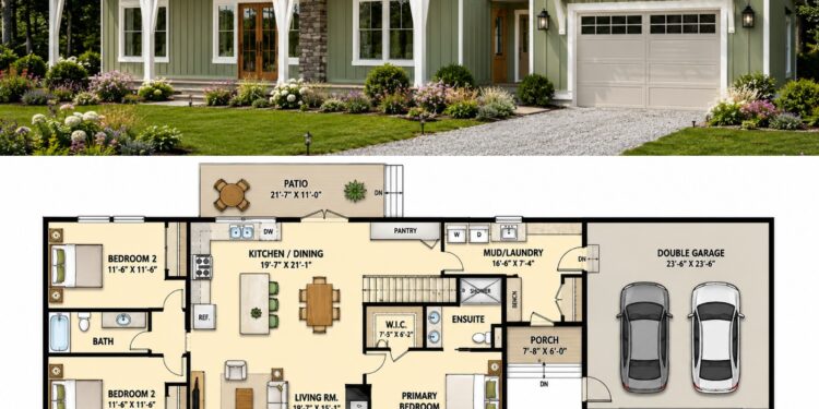 1642 Sq. Ft. Modern Plan with 3 Bedrooms, 2 Bathrooms, Open Floor Plan, and 2-Car Garage
