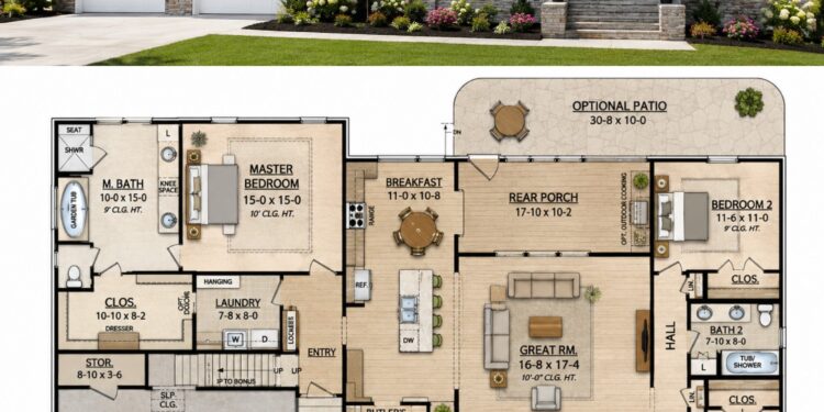 2073 Sq. Ft. Craftsman Plan with 3 Bedrooms, 2 Bathrooms, Bonus Room, and 2-3 Car Garage