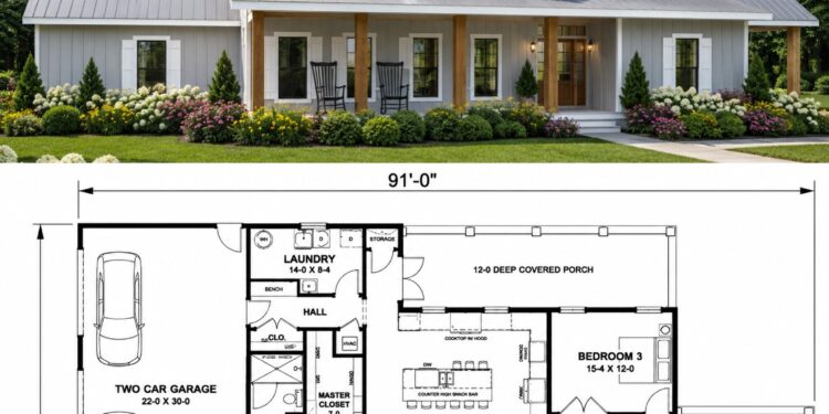 2215 Sq. Ft. Modern Farmhouse Plan with 3 Bedrooms, 2 Bathrooms, Split Layout, and 2-3 Car Garage